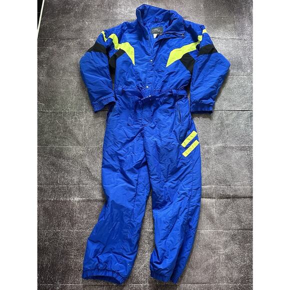 Men's Vintage 90s White Fir Blue Neon Black One Piece Winter Snow Ski Suit Sz XL